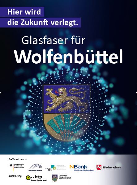Plakat: Glasfaser für Wolfenbüttel. Das Wappen des Landkreises und ein Breitbandkabel sind zu sehen.
