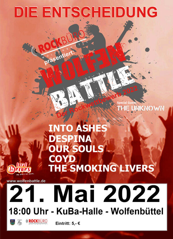 Wolfen Battle 2022: Flyer für die Veranstaltung am 21. Mai 2022 in der Kuba-Halle. Bands: Into Ashes, Despina, Our Souls, Coyd, The Smoking Livers.