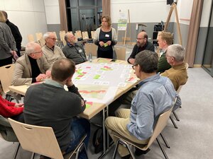 Zu sehen sind Personen, die an einem Tisch sitzen und ein Plakat zusammen erstellen. Sie besuchen eine Informationsveranstaltung zum Thema Klimalandschaft Oderwald.