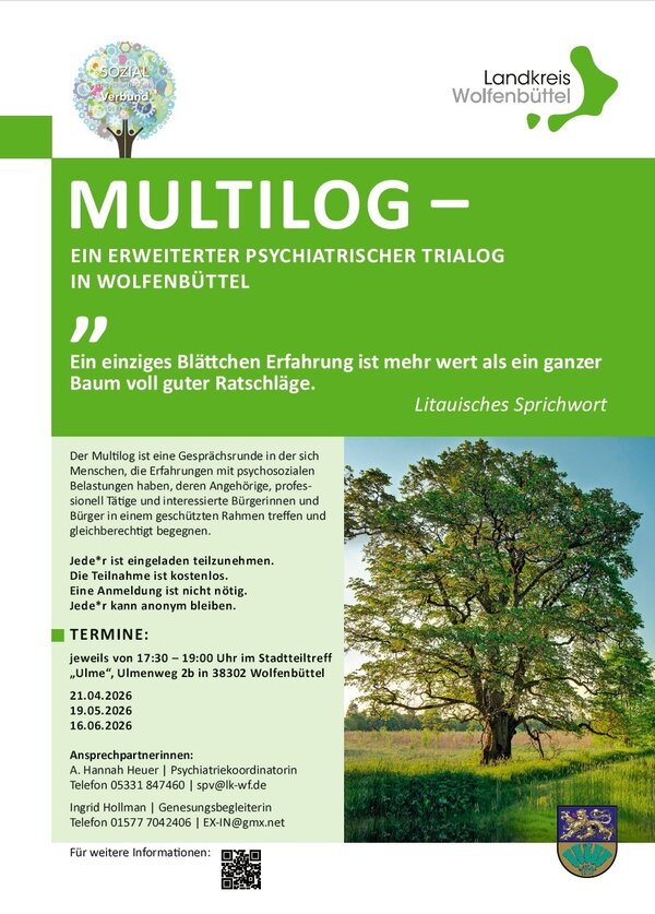 Der Multilog ist eine Gespr&auml;chsrunde in der sich
Menschen, die Erfahrungen mit psychosozialen
Belastungen haben, deren Angeh&ouml;rige, professionell
T&auml;tige und interessierte B&uuml;rgerinnen und
B&uuml;rger in einem gesch&uuml;tzten Rahmen treffen und
gleichberechtigt begegnen.