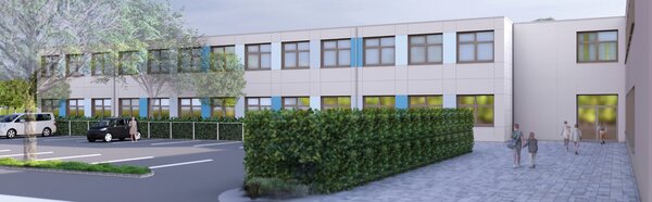 Visualisierung, wie der Erweiterungsbau der OBS Sickte nach Fertigstellung aussehen soll.