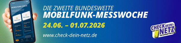 Banner zur zweiten bundesweiten Mobilfunkmesswoche vom 24.06.-01.07.2026. Zu sehen ist eine Hand, die ein Smartphone h�lt.