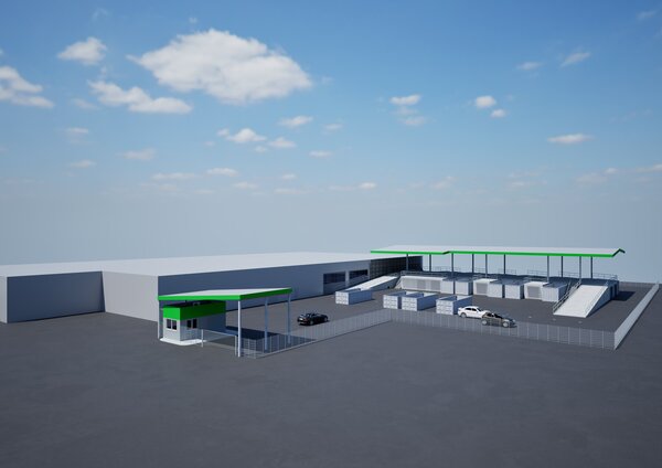Simulationsbild vom Neubau des Wertstoffhofes Wolfenb�ttel Linden. Grauer Bau mit Rampen und Containern, gr�ne D�cher.