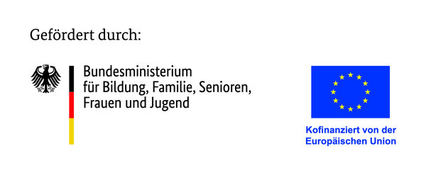 Links: Der deutsche Bundesadler, daneben ein schmaler Balken in schwarz-rot-gold, daneben der Schriftzug Bundesmininsterium f&uuml;r Bildung, Familie, Senioren, Frauen und Jugend.
Rechts: blaue Flagge der EU, in der Mitte ein Kreis mit Sternen