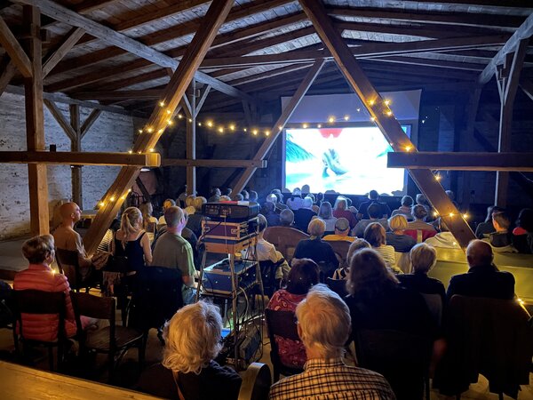 Eine Scheune von innen, es ist dunkel. Lichterketten sind um die Deckenbalken geschlungen. An einer Wand ist eine Leinwand, auf der ein Film l�uft. Menschen sitzen in der Scheue, sie schauen auf die Leinwand und drehen der Kamera den R�cken zu.