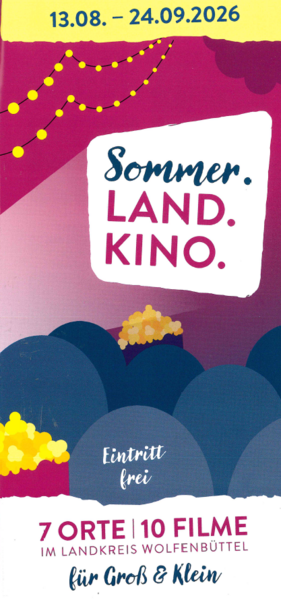 Flyer der Veranstaltung Sommer.Land.Kino. Rot pinker Hintergrund, Lichterketten, Popcornt&uuml;ten.