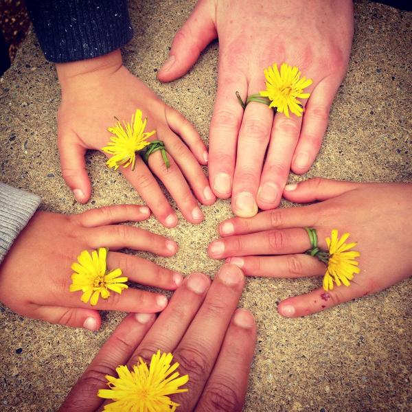 Hände mit Blumen bilden einen Kreis.