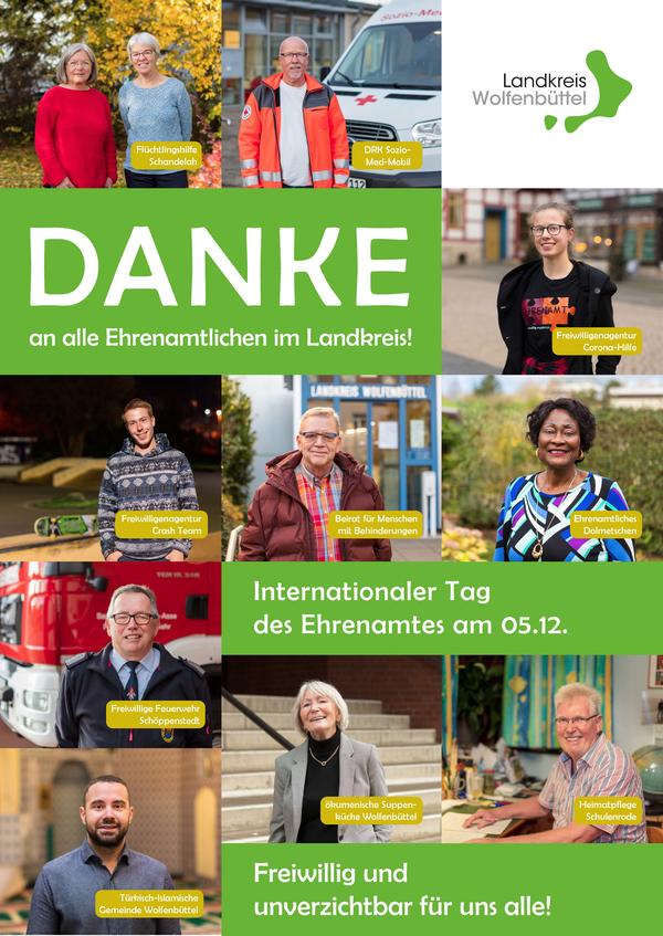 Plakat der Kampagne "Tag des Ehrenamtes". Auf dem Plakat steht "Danke an alle Ehrenamtlichen im Landkreis".